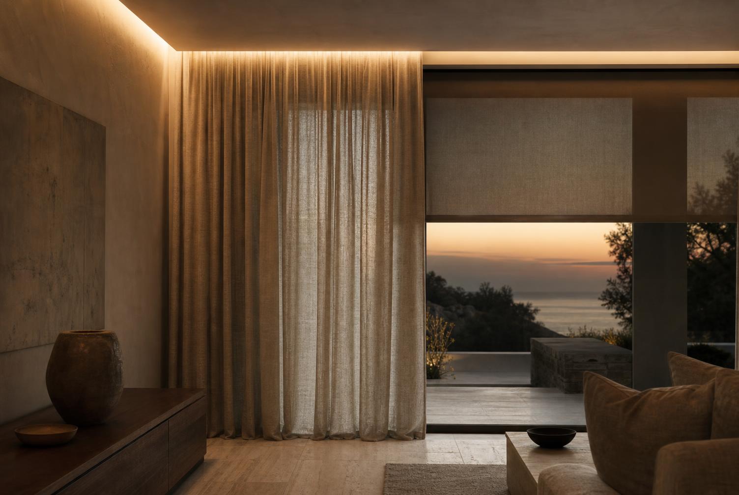 Sheer drapery and roller shade with warm concealed cove lighting