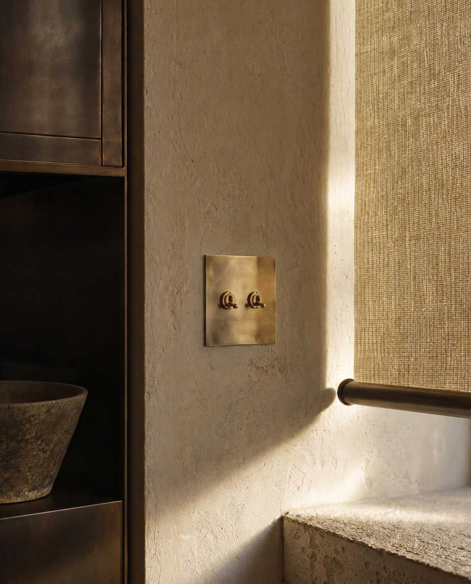 Brass toggle switch plate on a textured plaster wall beside a linen roller shade