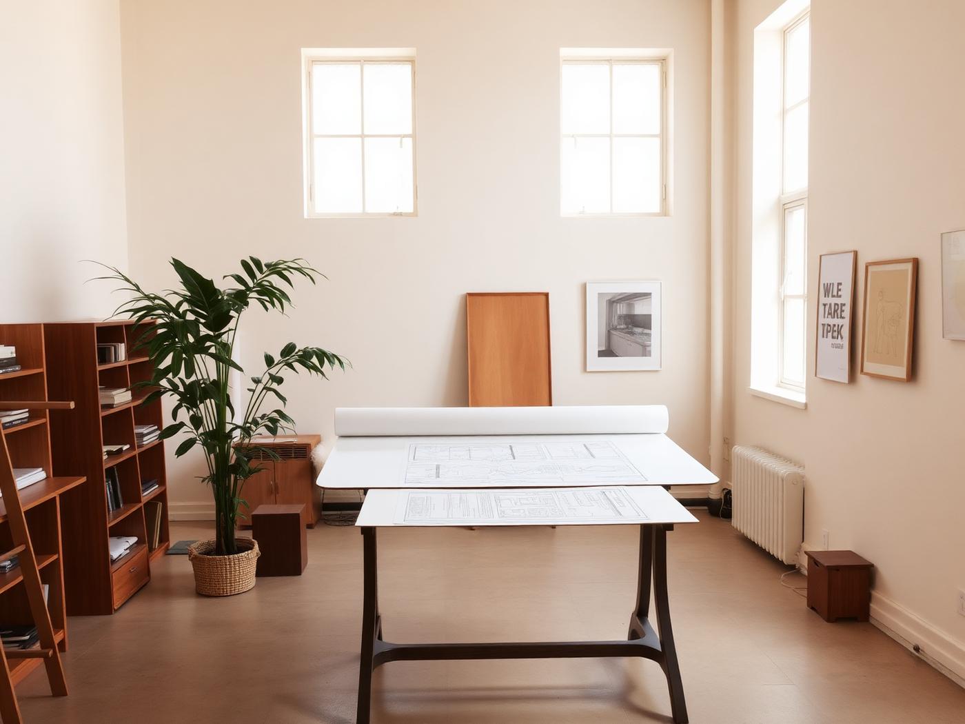 Studio interior with drawings on a drafting table